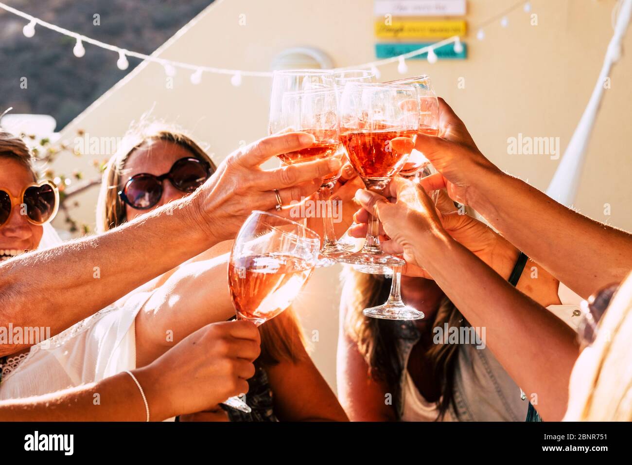 Gruppo di persone felici che tostano insieme con tazze di vino rosso sotto la luce del sole in una giornata soleggiata - attività di svago all'aperto per le donne che si divertono con bevande - vino e concetto di cantina Foto Stock