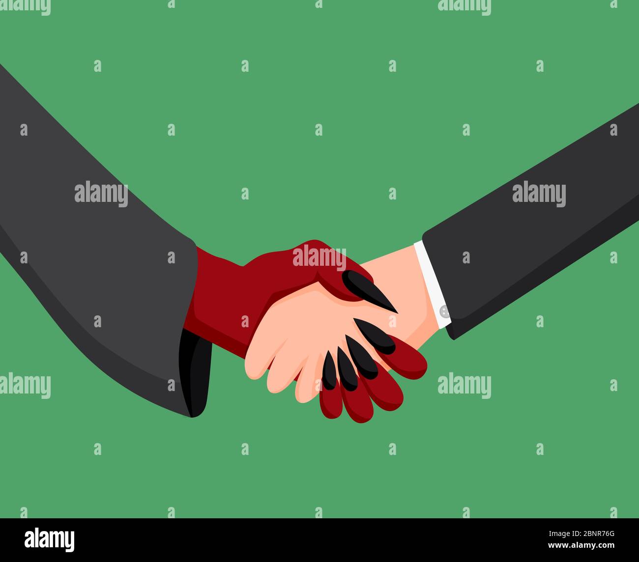 Uomo d'affari e diavolo stretta di mano. Trattare la partnership monetaria con il cattivo uomo d'affari. Illustrazione Vettoriale