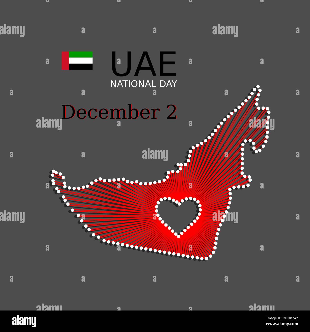 Banner artistico, sfondo, poster del National Day degli Emirati Arabi Uniti. Illustrazione patriottica dell'unità degli Emirati Arabi Uniti con mappa, bandiera, cuore Illustrazione Vettoriale