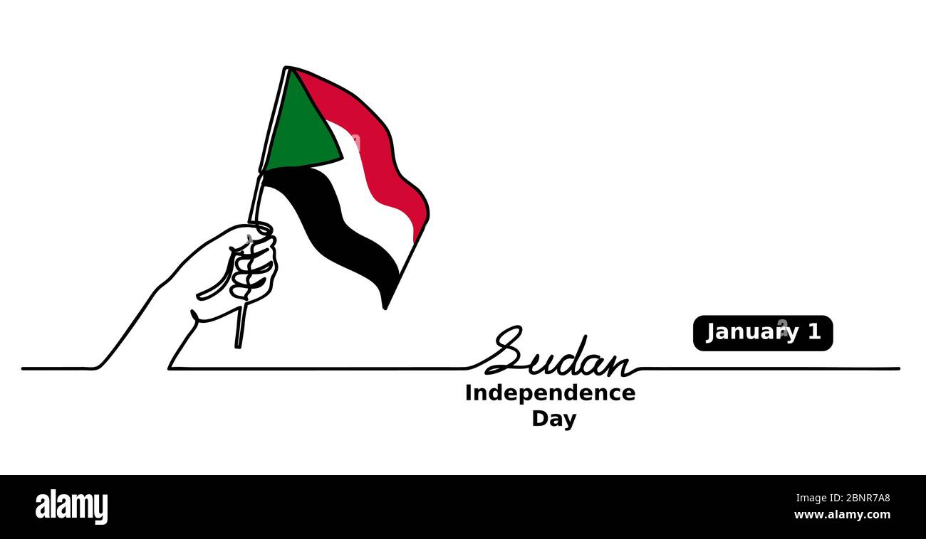 Sfondo vettoriale del Sudan Independence Day, banner Web, poster. Un disegno a linea continua con mano, bandiera Sudan, scritte Illustrazione Vettoriale