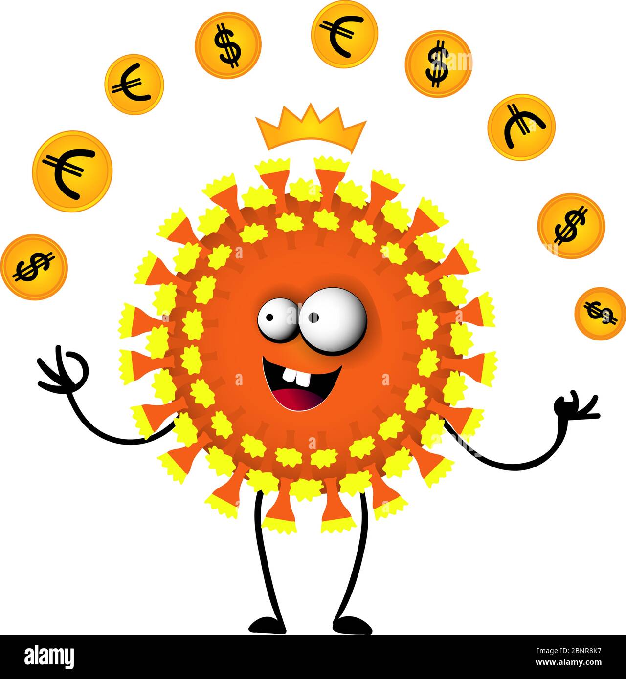 divertente virus covid-19 giochi di carattere e flips monete. Il concetto di impatto di una pandemia sull'economia globale. Crisi economica Illustrazione Vettoriale