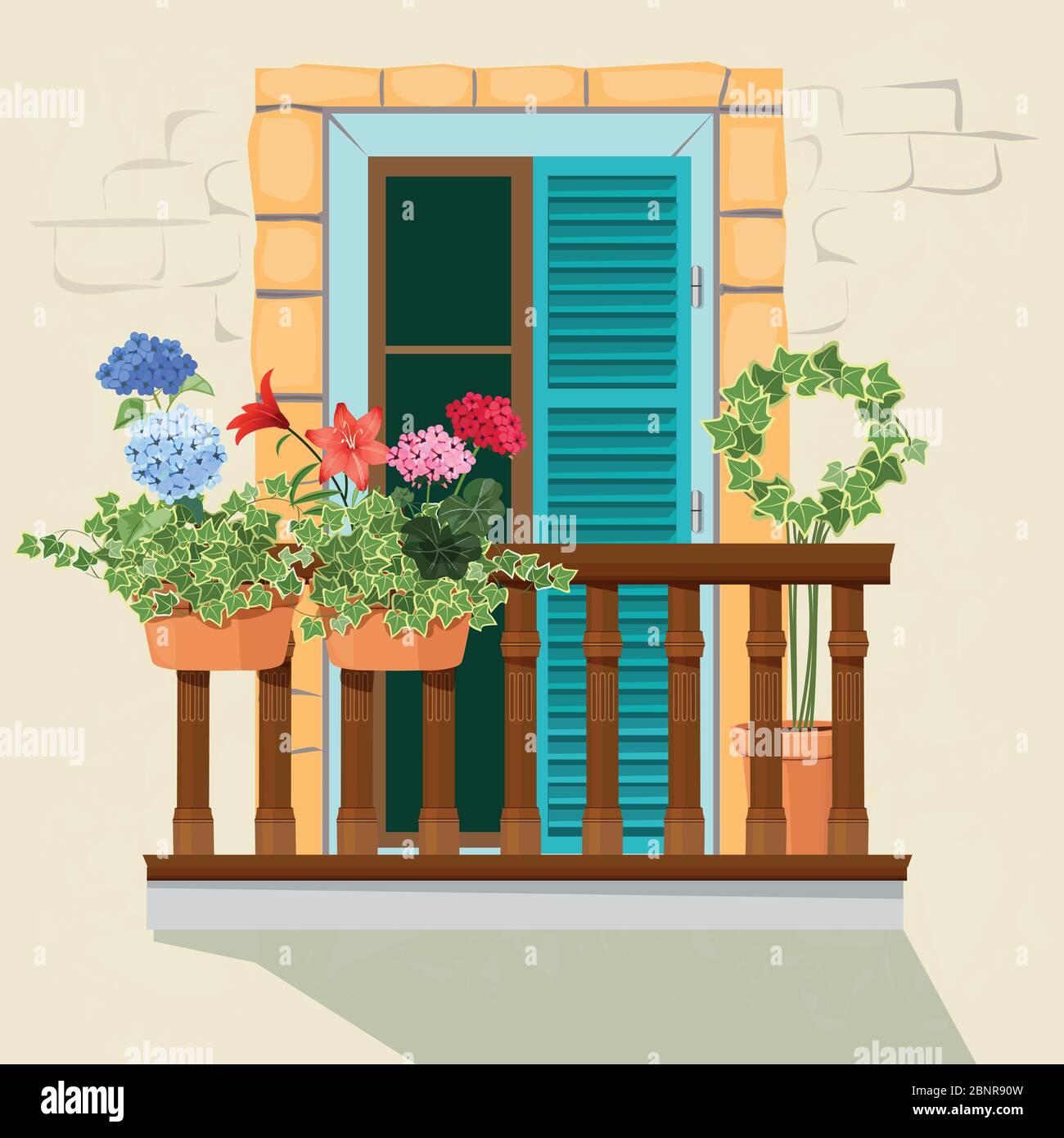 Fiori balcone. Casa facciata finestra e piante decorative pentole crescere Windowsill divertente primavera luce del sole casa appartamento vettore sfondo Illustrazione Vettoriale