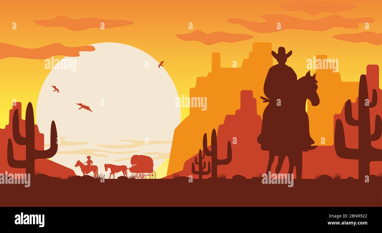 Silhouette paesaggio selvaggio ovest. Cowboy silhouette su furgone a cavallo con pilota. Illustrazione Vettoriale