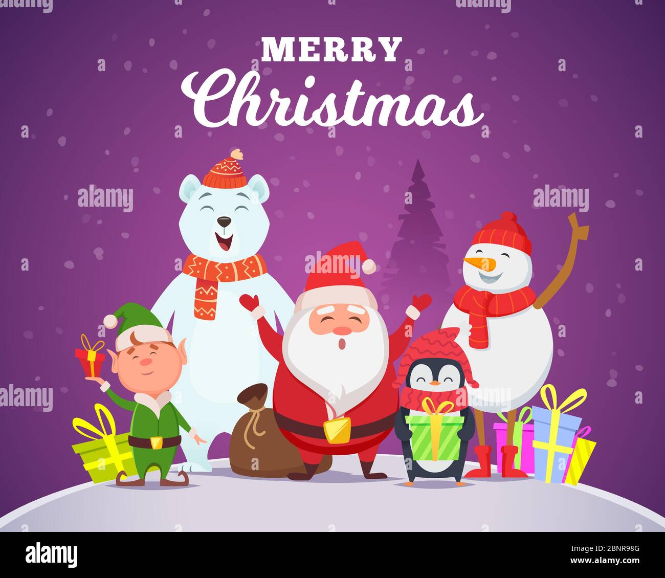 Vacanza inverno sfondo. Personaggi di Natale santa pinguino bianco orso artico carattere neve fauna selvatica animali in vettore stile cartoon Illustrazione Vettoriale