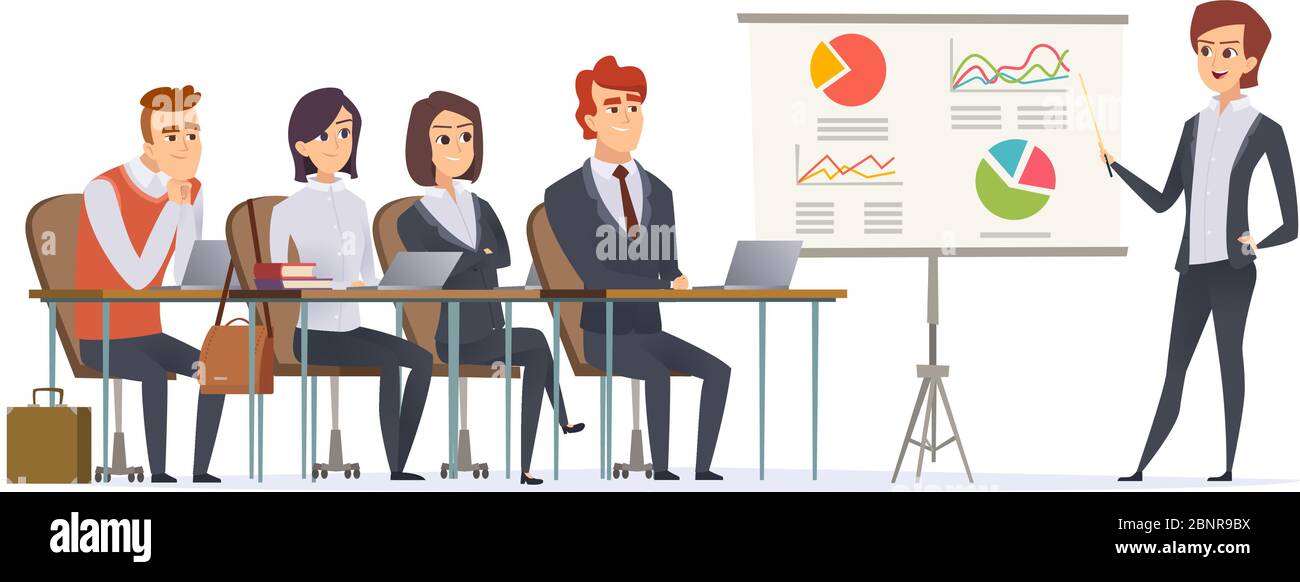 Caratteri di presentazione aziendale. Gruppo di manager seduti in classe ascoltando apprendimento divano business seminario concetto vettoriale Illustrazione Vettoriale