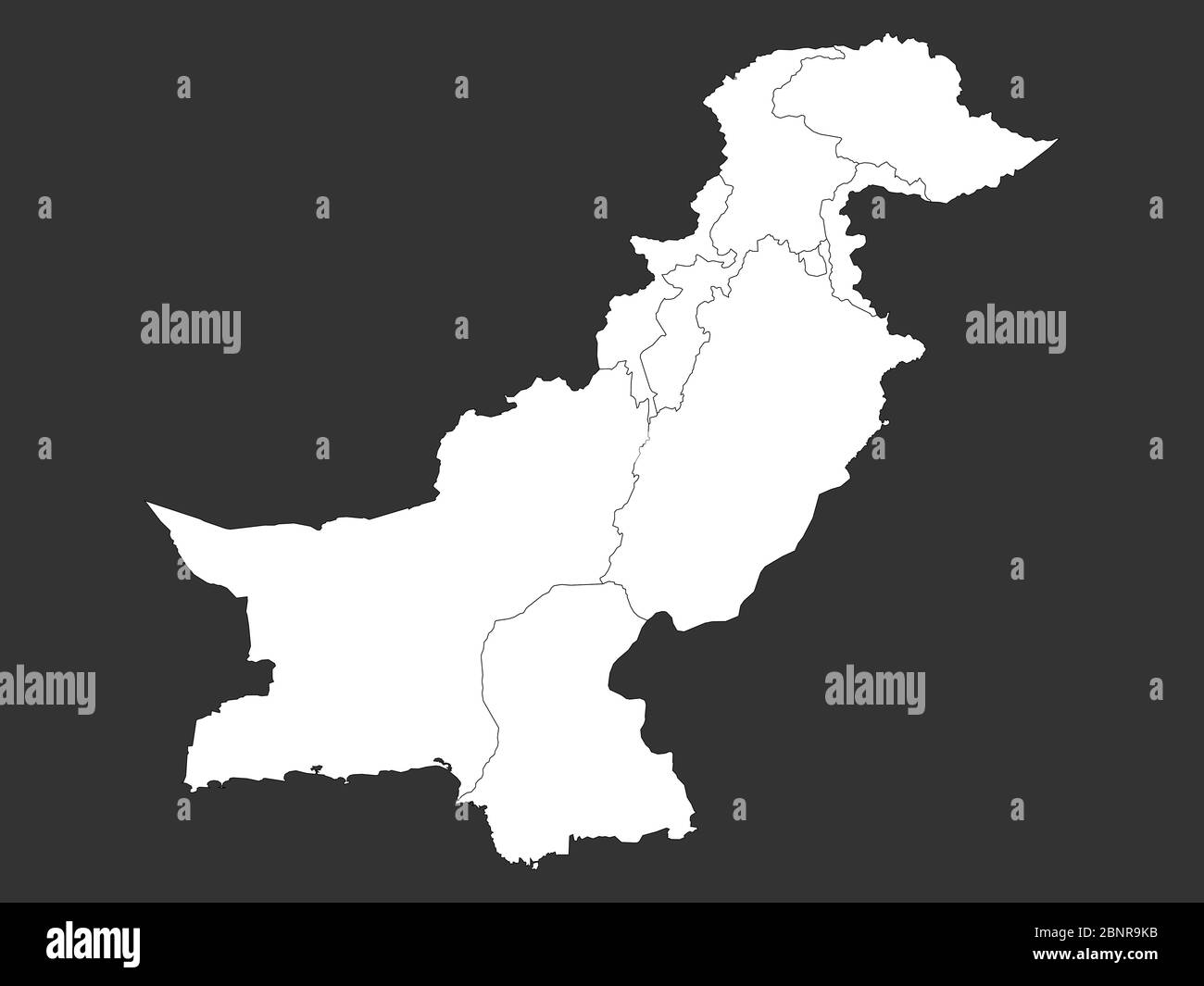 Mappa politica pakistana evidenziata in bianco su sfondo nero. Perfetto per concetti aziendali, sfondo, sfondo, adesivo, etichetta, grafico, poster, bann Illustrazione Vettoriale