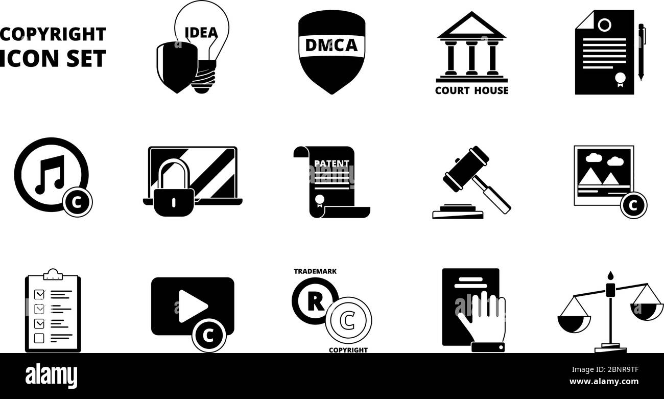 Icona del copyright della policy. Termini e condizioni norme legali di conformità ai brevetti simboli neri vettoriali per la protezione dei diritti individuali Illustrazione Vettoriale