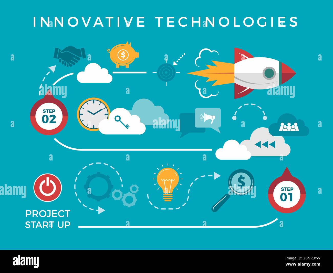 Infografica sul lancio aziendale. Progetto di startup, concetto di finanziamento e lavoro dipendenti con diagramma e frecce vettore razzo icone Illustrazione Vettoriale