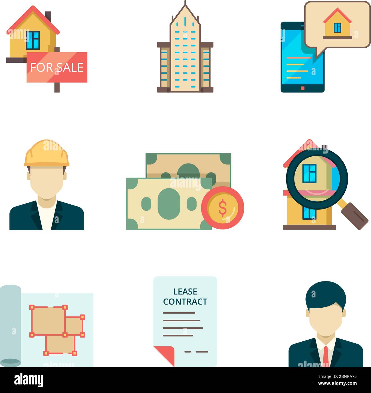 Icone immobiliari. Affittare proprietà casa vendita proprietario proprietario responsabile assicurazione immobiliare costruzione di affari appartamento immagini vettoriali Illustrazione Vettoriale