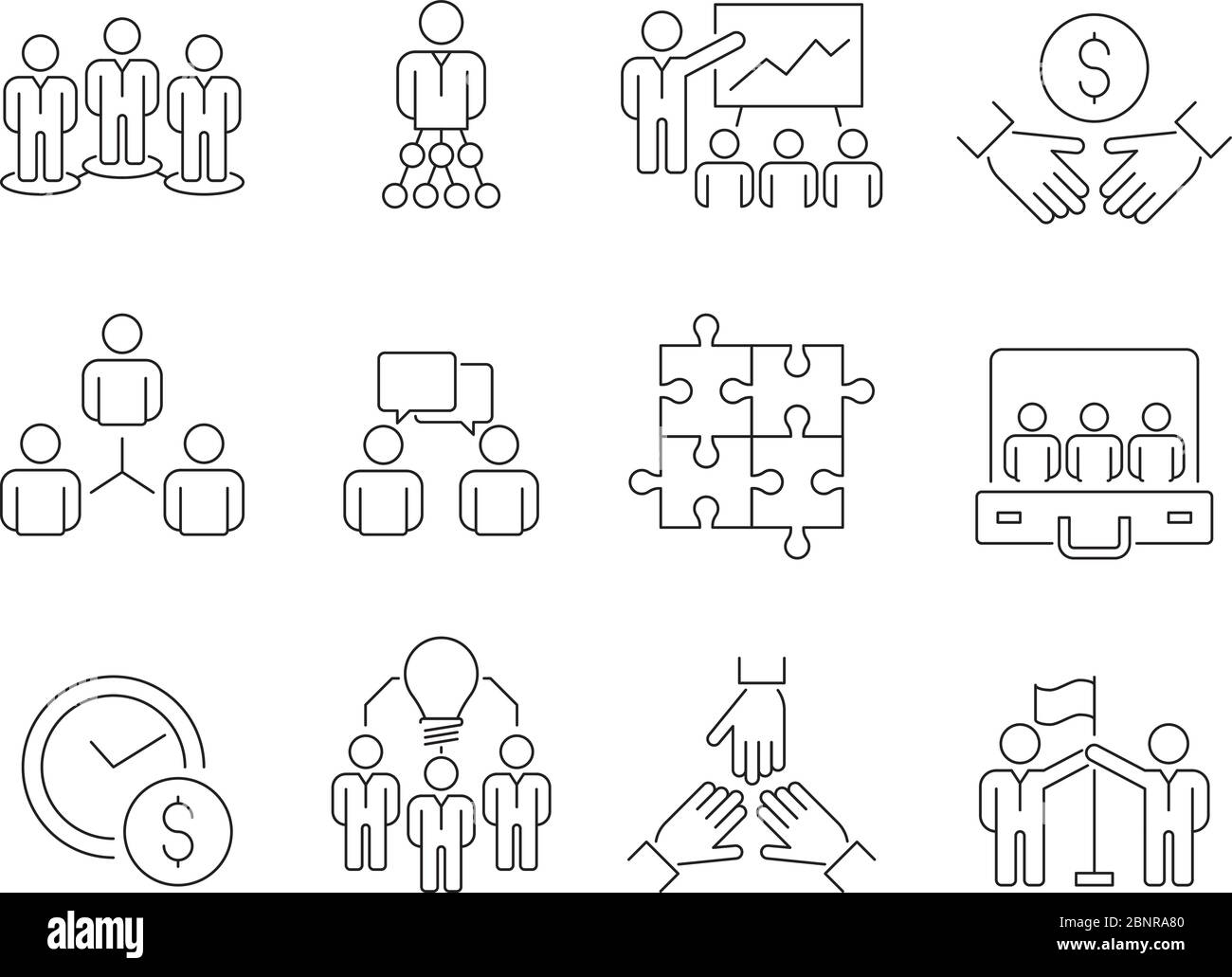Icone di team building. Gruppo di lavoro di persone di affari aiutare insieme cooworking partecipazione vettore sottile simboli di linea isolati Illustrazione Vettoriale