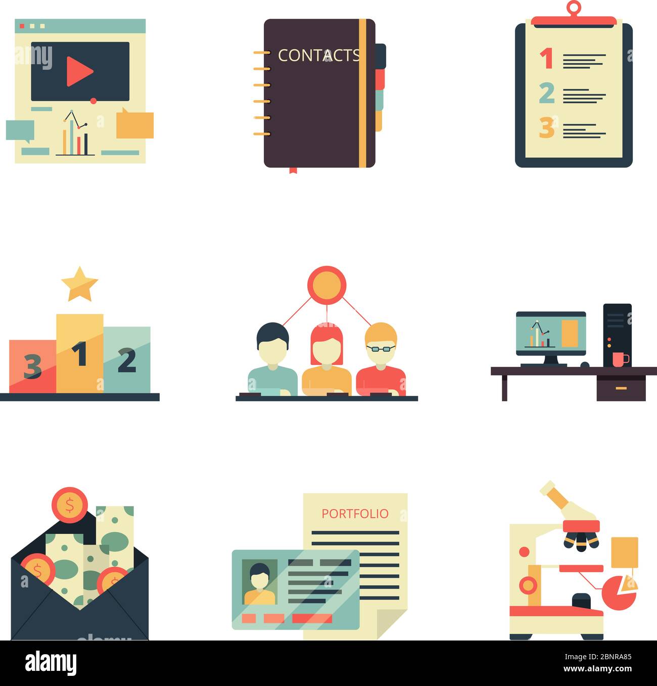 Icona di gestione dei progetti. Business product planning record Keeping analisi web team vettori simboli colorati Illustrazione Vettoriale