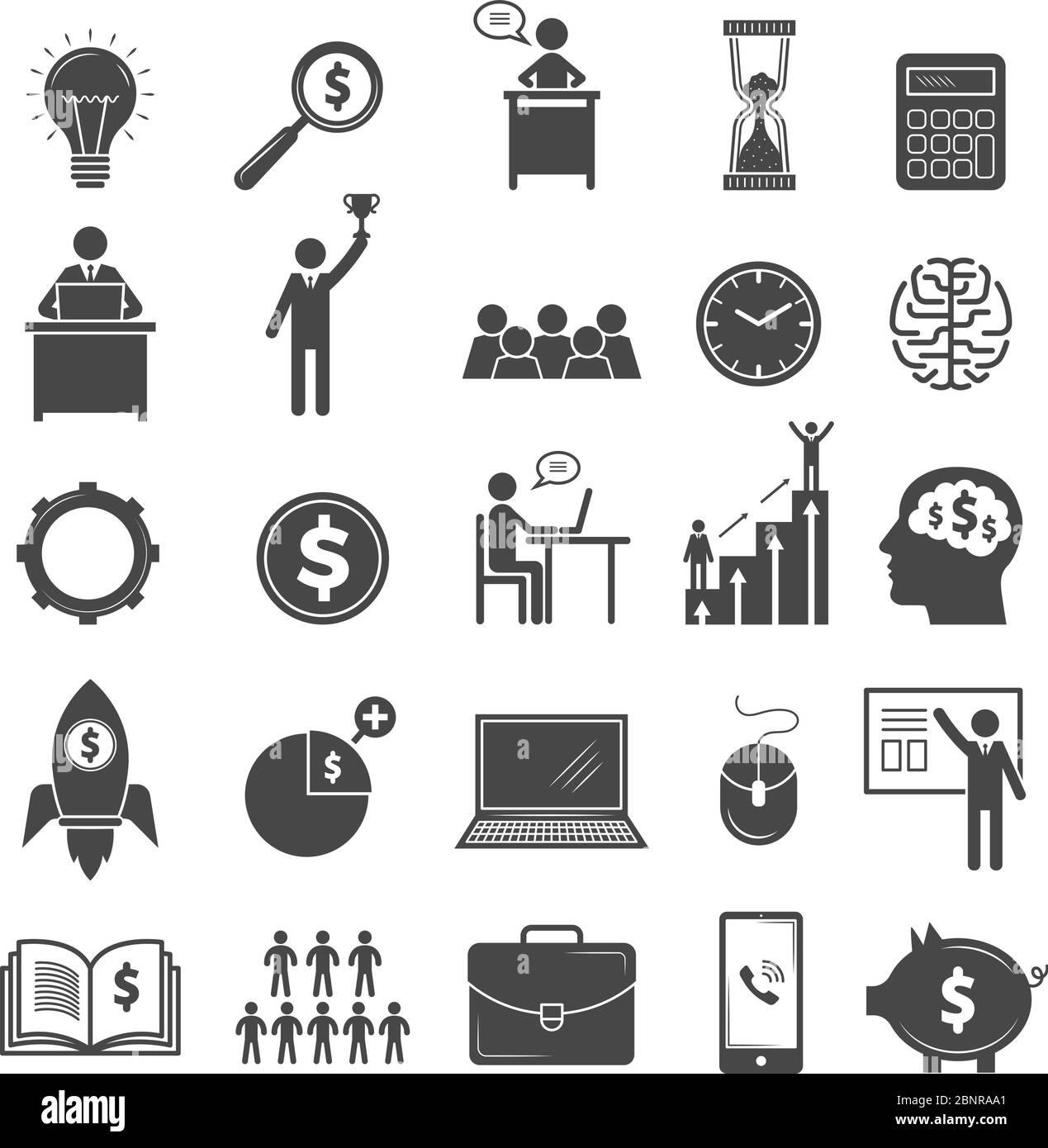 Icone aziendali. Diagramma di marketing Office manager riunione handshake ufficio simboli money case vettore immagini monocromatiche Illustrazione Vettoriale