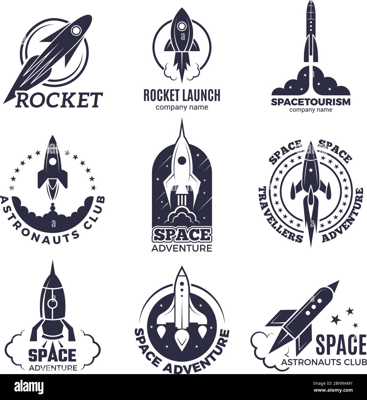 Logotipi spaziali. Razzi e volo shuttle luna Discovery business retrò badge vettoriali monocromatico immagini Illustrazione Vettoriale