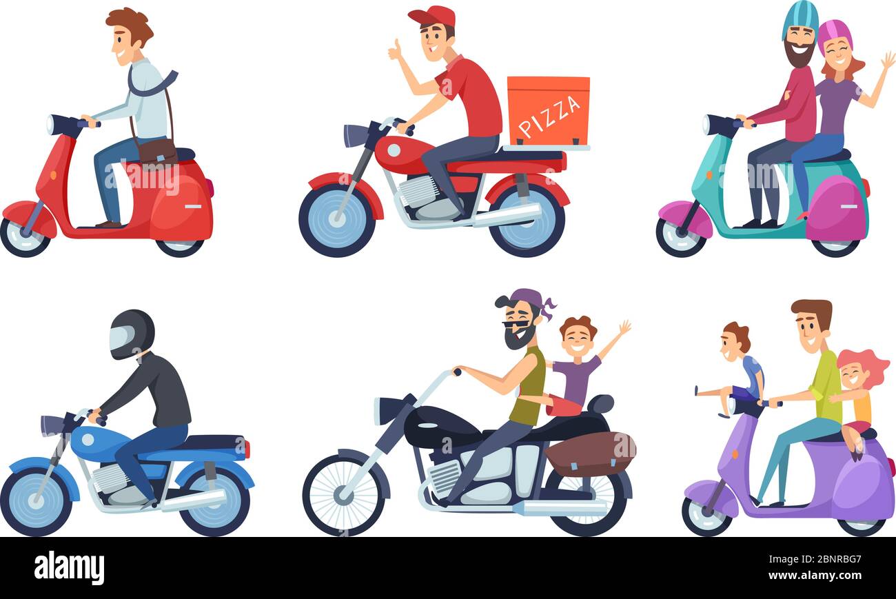 Guida motociclistica. L'uomo corre con la donna e i bambini cibo postale pizza consegnare i personaggi vettoriali cartoon Illustrazione Vettoriale