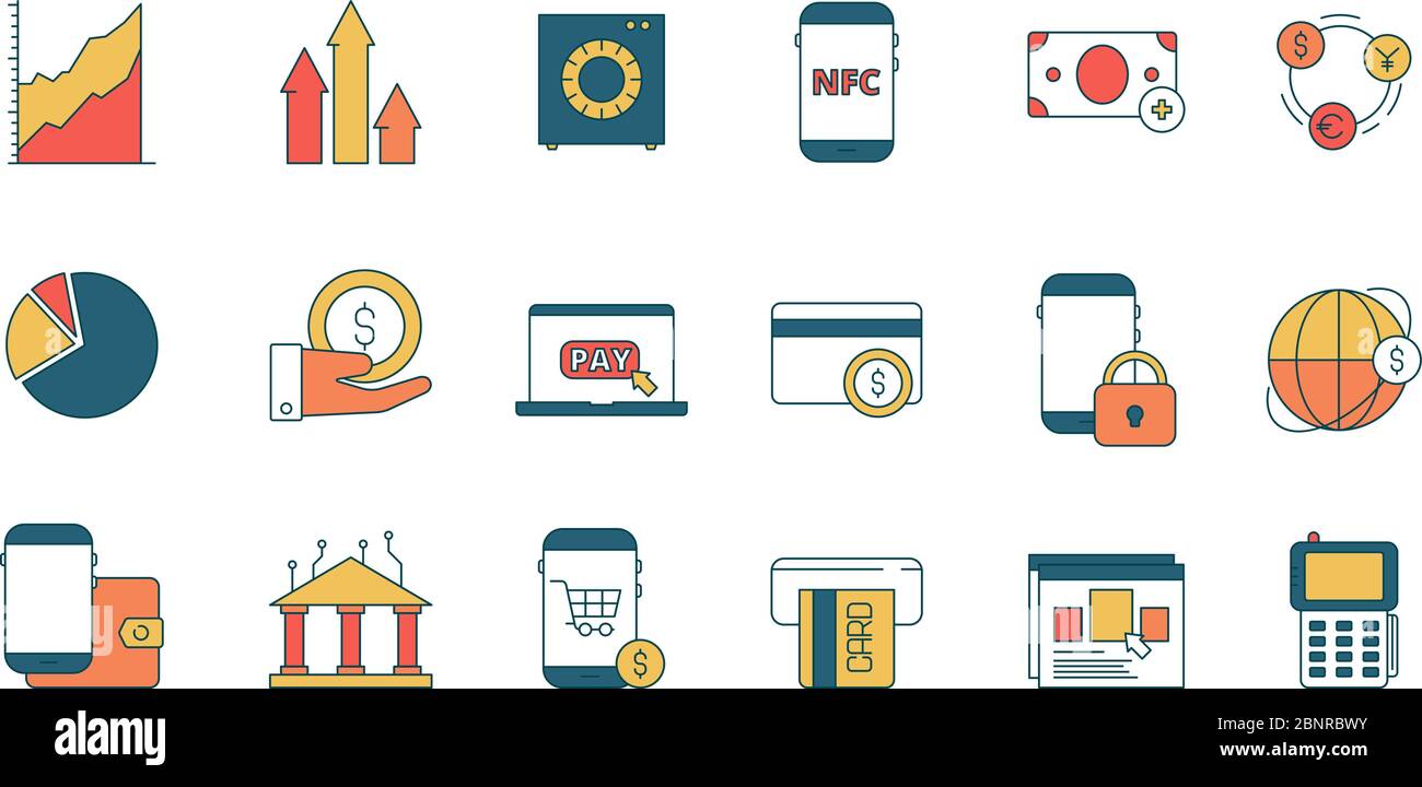 Icona servizi online finanziari. E-banking con pagamento sicuro di transazioni internet web business vettore lineare raccolta di simboli Illustrazione Vettoriale