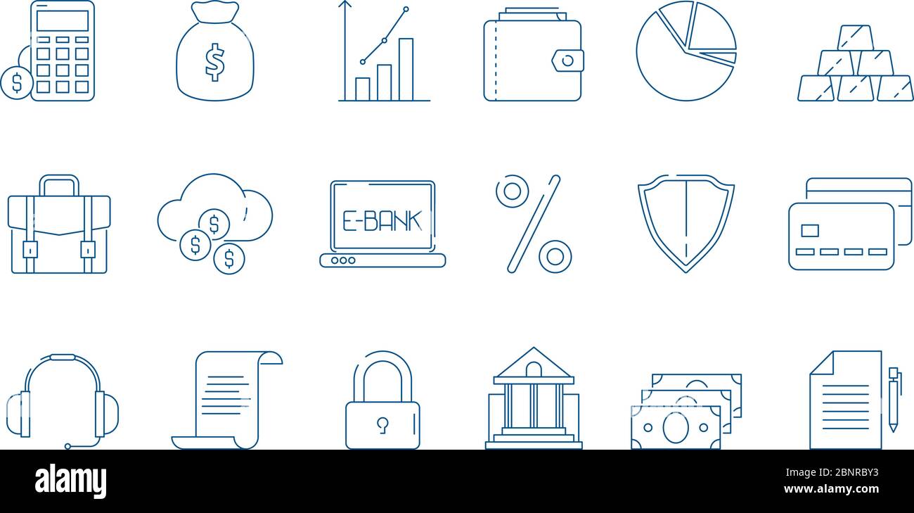 Icone di finanza aziendale. Diritto bancario economia globale Banca finanziaria simboli di linea vettoriali isolati Illustrazione Vettoriale