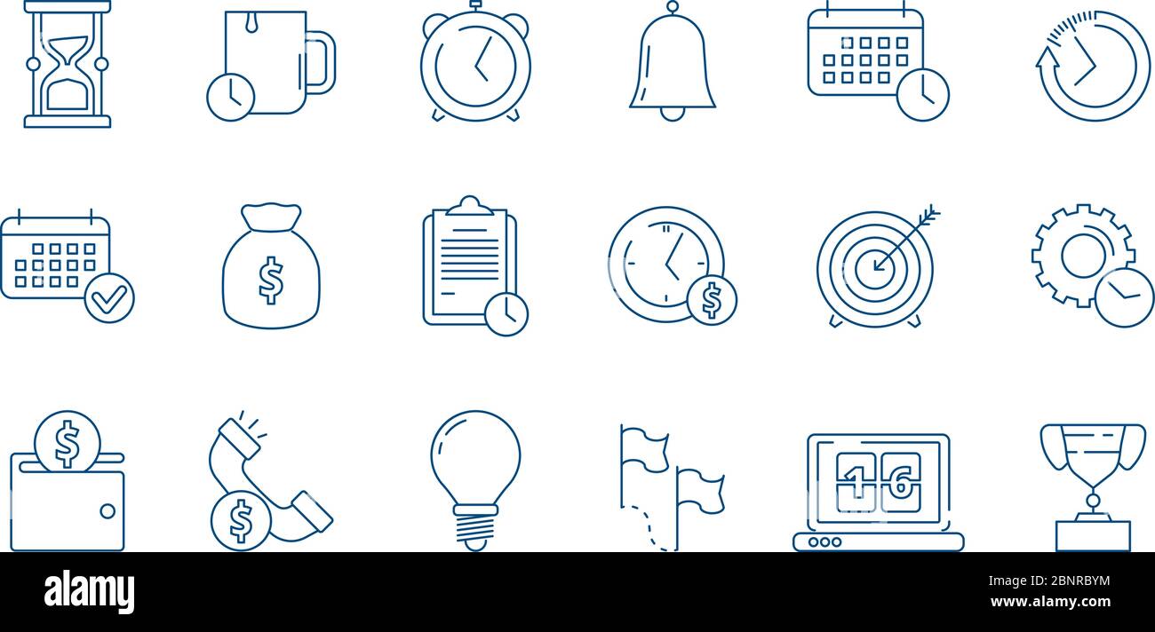Icona di gestione. Pianificazione in tempi di risparmio completato Work Productivity reminder checklist Services vettoriale simboli di business lineari Illustrazione Vettoriale