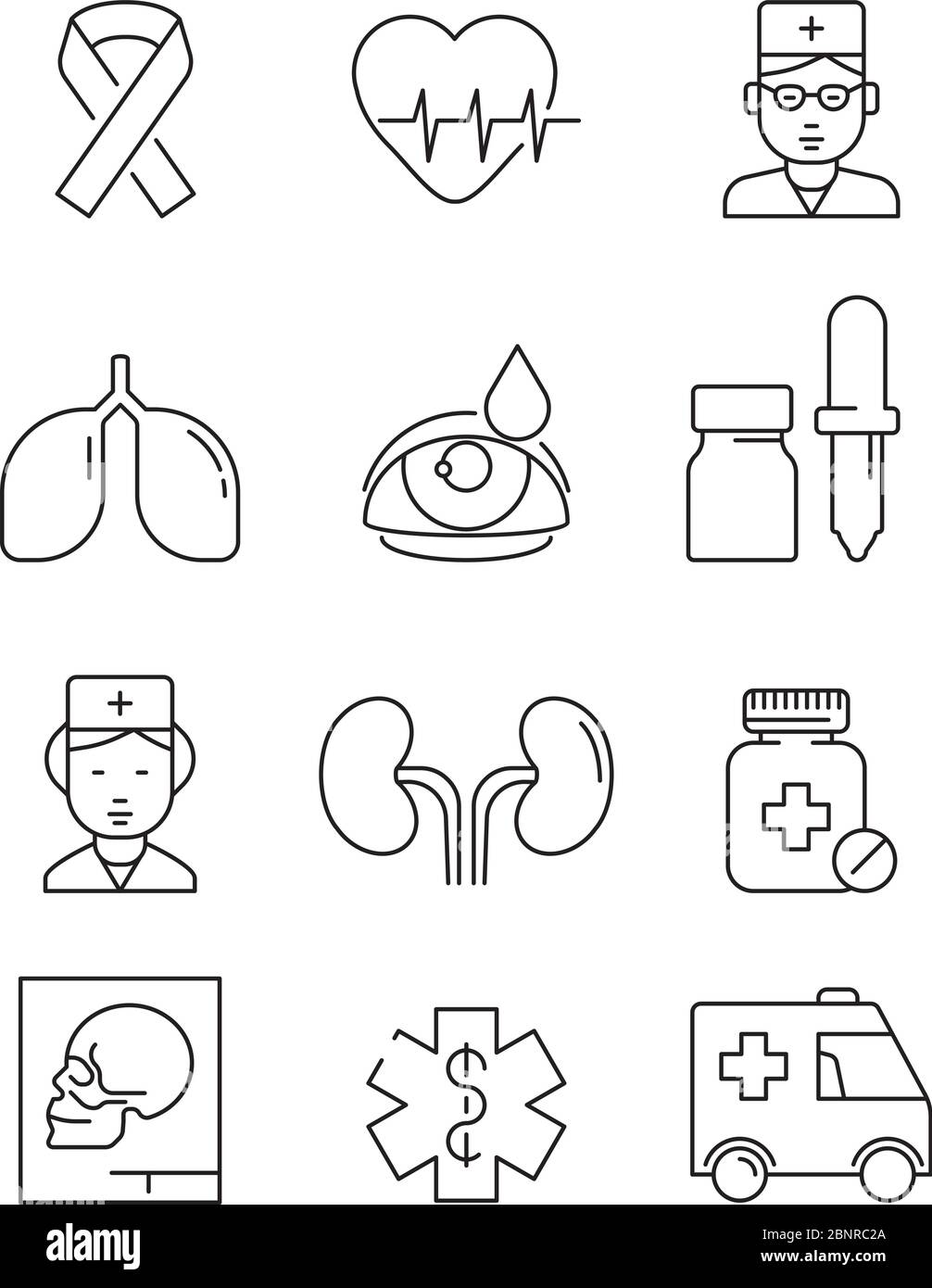 Icone della linea di assistenza sanitaria. Simboli medici di ictus prescrizione medico in ospedale laboratorio clinica medicina immagini vettoriali Illustrazione Vettoriale