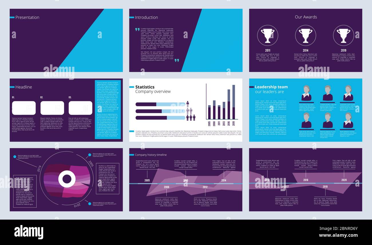 Modello presentazione. Pagine di riviste di settore o progetti di report annuali con forme astratte colorate e vettore di testo Illustrazione Vettoriale