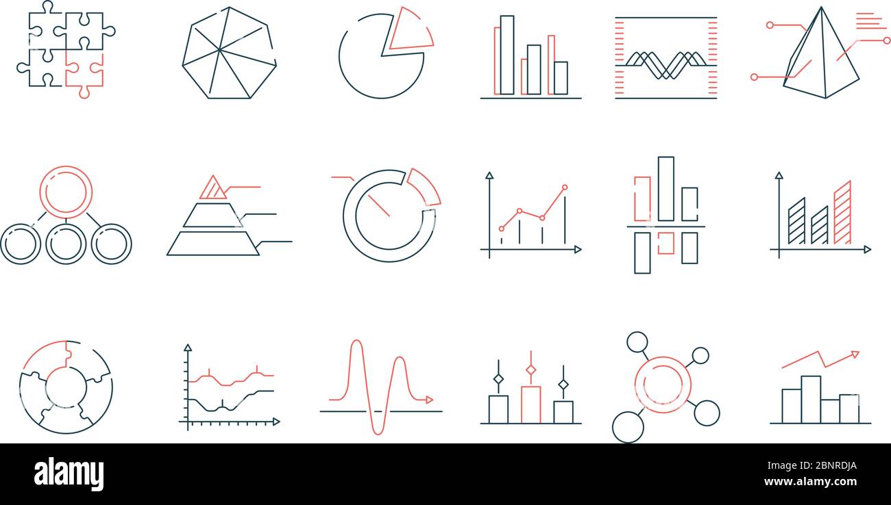 Icona Statistiche grafici. Grafici finanziari di affari statistiche di ufficio vettore colorati linea di trend simboli Illustrazione Vettoriale