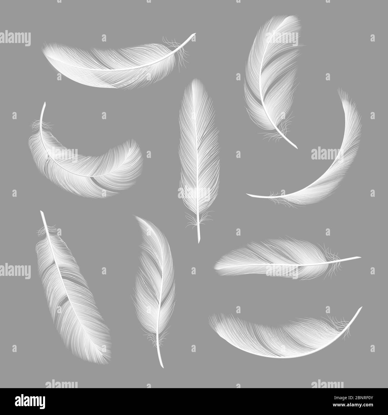 Piume realistiche. Flying furry senza peso bianco cigno oggetti vettore isolato su sfondo scuro Illustrazione Vettoriale