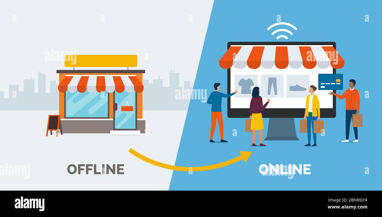 Retail offline to online: Convertite il vostro negozio in un e-commerce online di successo, attact nuovi clienti e far crescere il vostro business Illustrazione Vettoriale