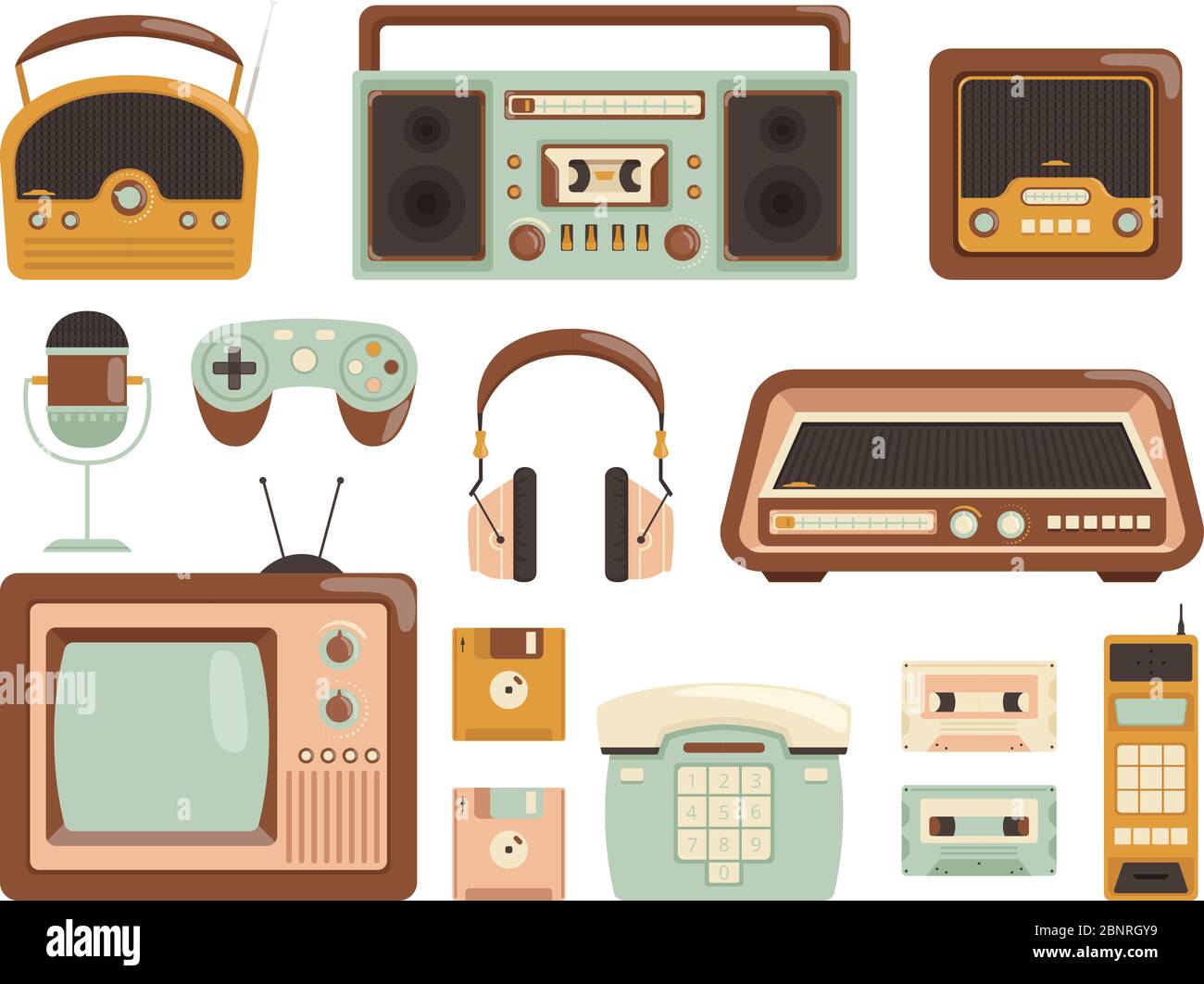 Gadget retrò. 80s registratore elettronico a cassetta nastro audio lettore musicale radio cellulare immagini vettoriali Illustrazione Vettoriale