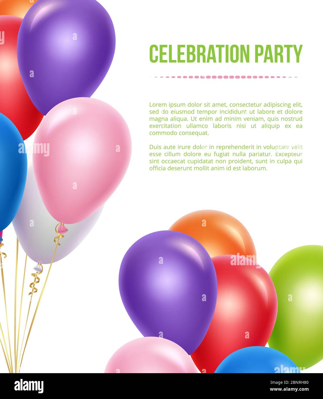 Poster pubblicitario con palloncini. Palloncini di elio volanti colorati trasparenti per sorprendere compleanno party vettore sfondo Illustrazione Vettoriale