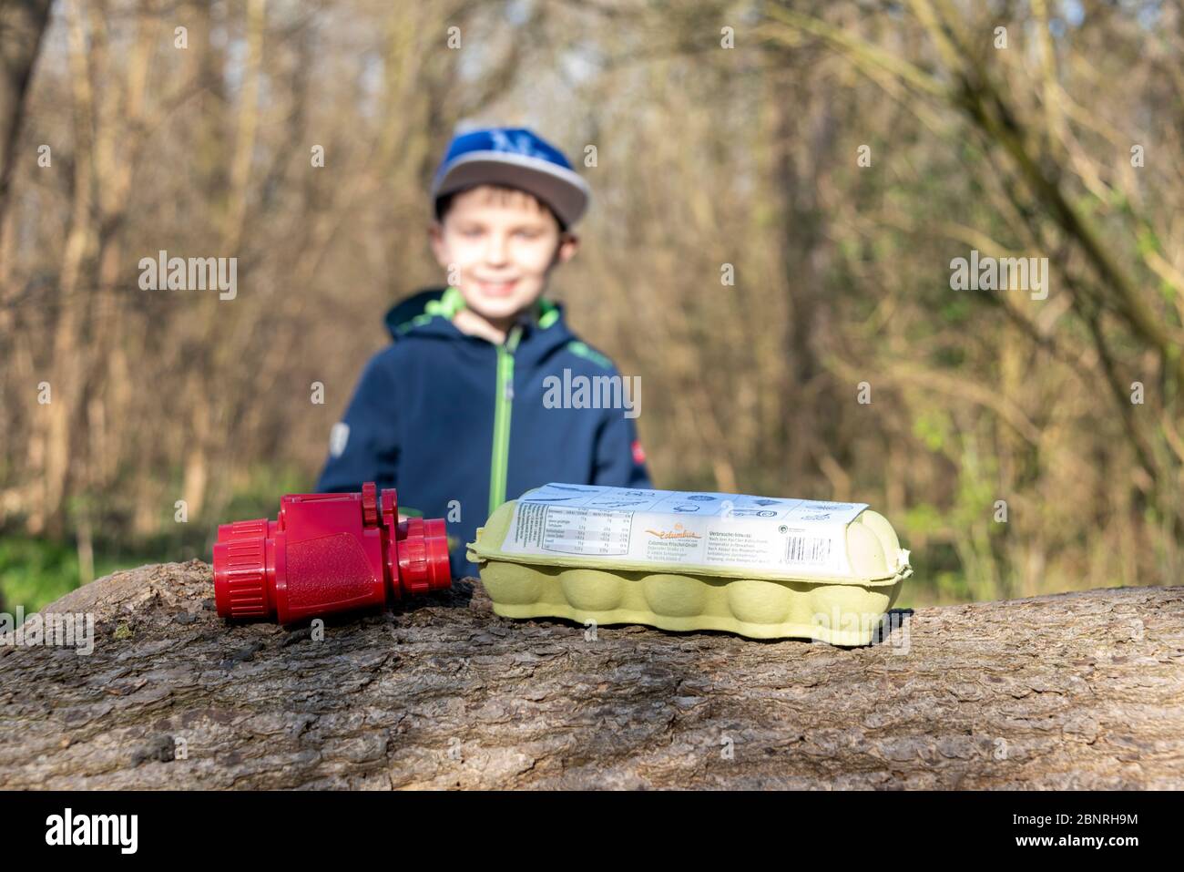 Ragazzo, binocolo, impacchettamento di uova, un gioco di foresta per trovare foglie, felci, mossi, piume e piccoli rami. Idea di gioco in tempi di Corona. Foto Stock