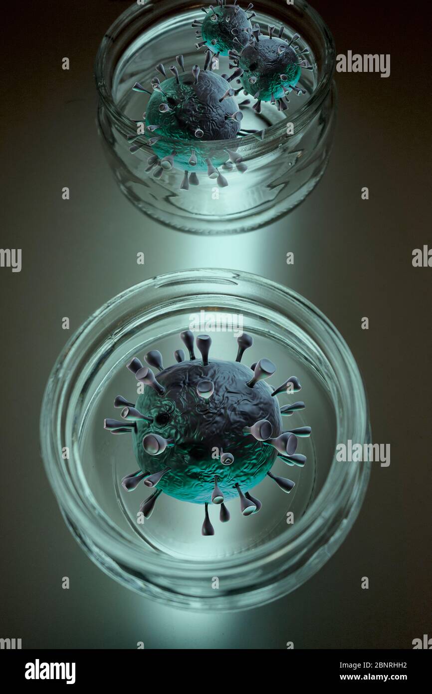 Virus corona in capsule di Petri su sfondo astratto Foto Stock
