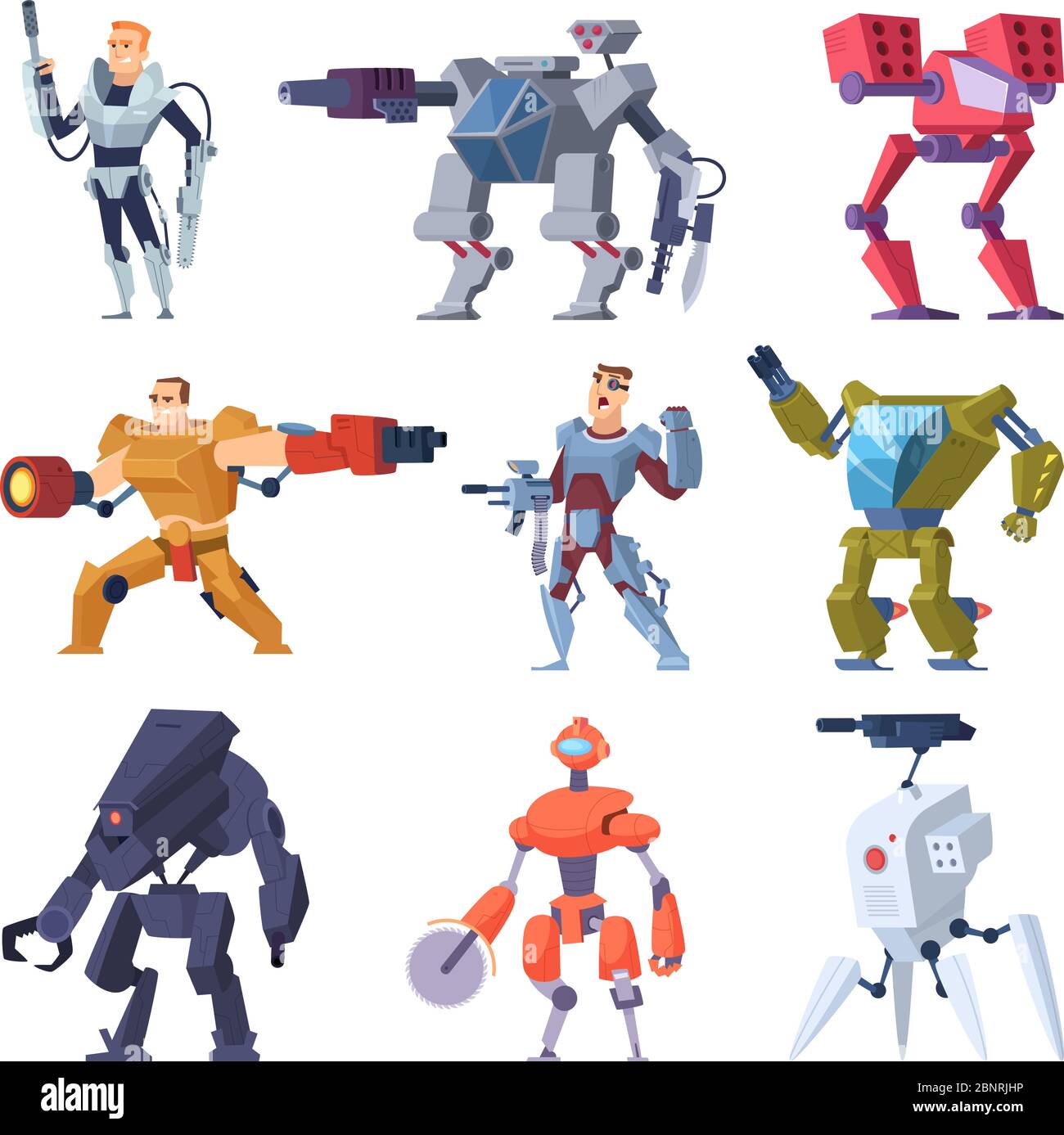 Robot da combattimento. Armour Transformers android elettronica protettiva Soldier futuro armi vettori personaggi Illustrazione Vettoriale