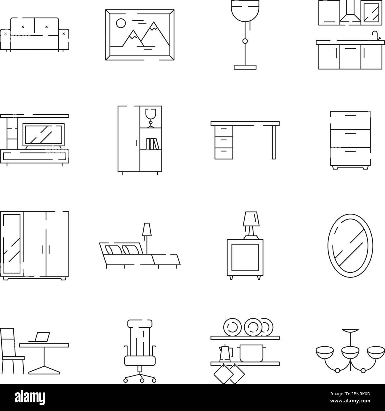 Icona mobili. Strumenti da lavoro per ufficio e sedia da tavolo per i simboli vettoriali delle linee sottili Illustrazione Vettoriale