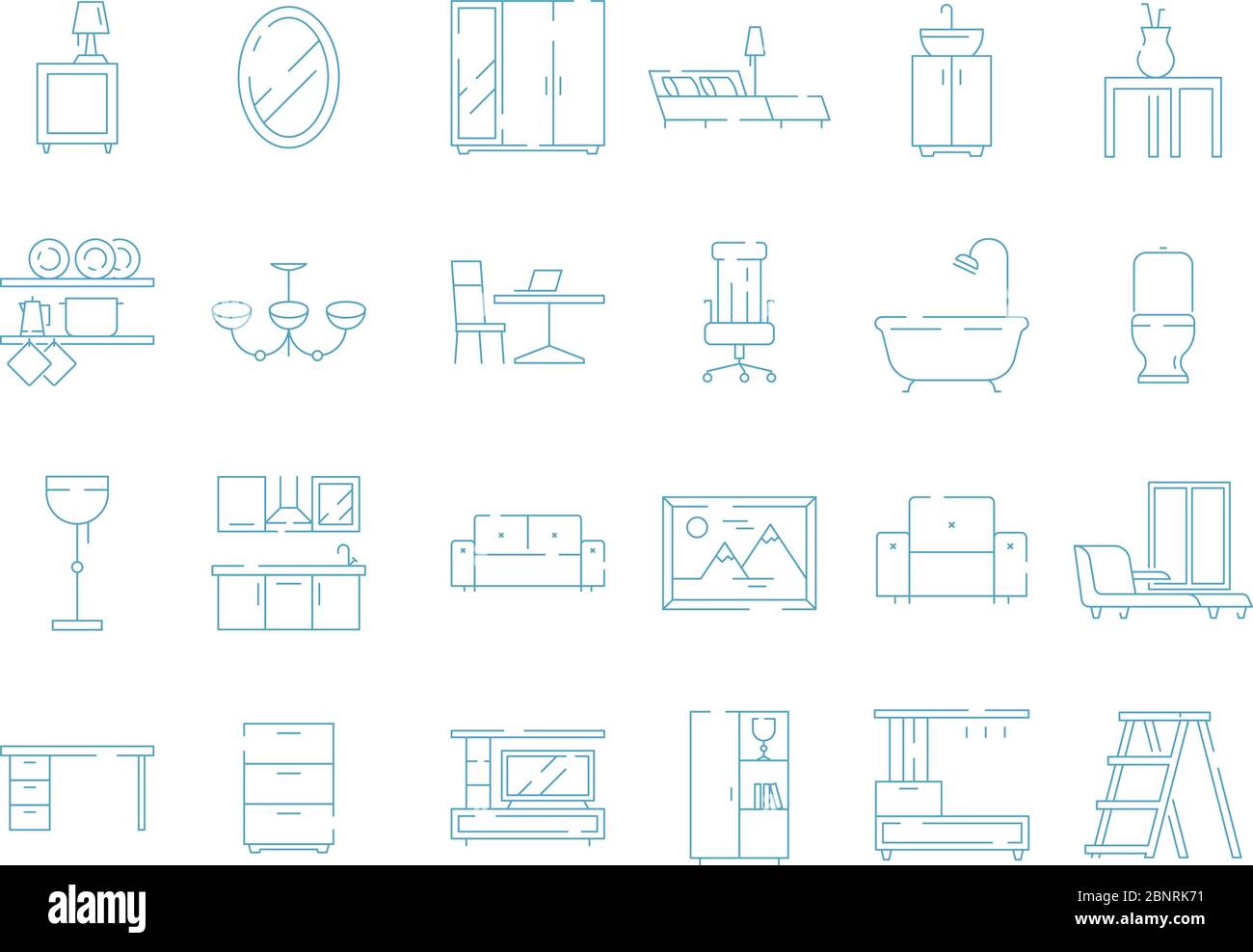 Icona mobili camera. Tavolo da letto, scrivania, divano, simboli vettoriali sottili Illustrazione Vettoriale