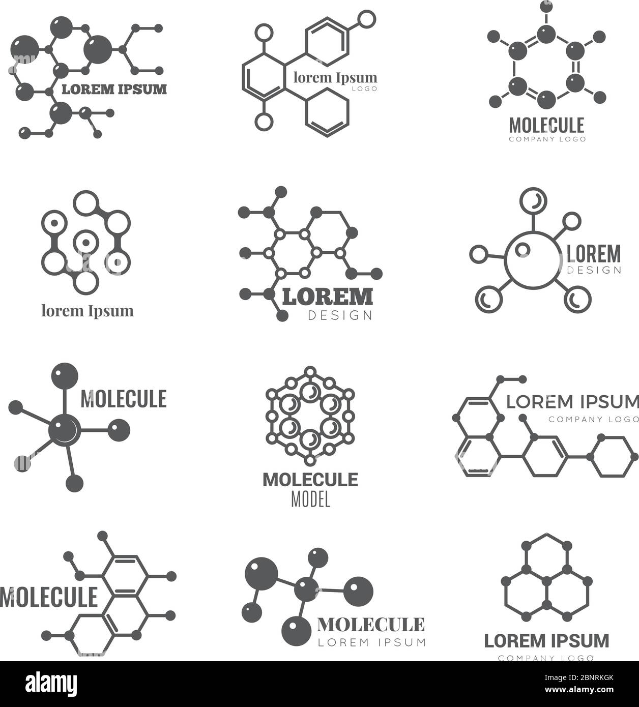 Logo molecolare. Chimica dna molecola struttura scientifica Atom business brand concetto vettoriale Illustrazione Vettoriale