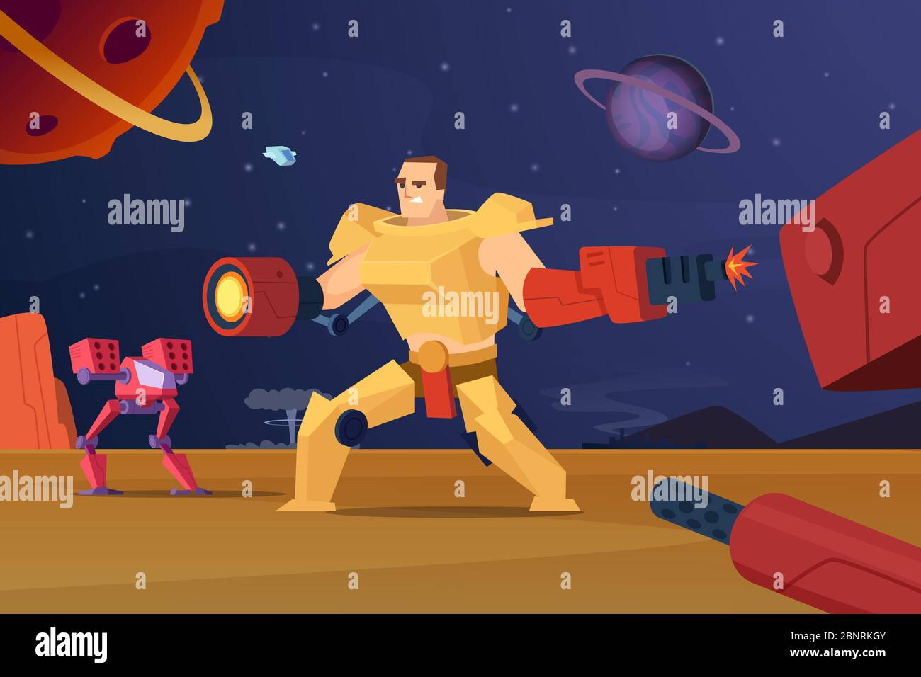 Robot da combattimento futuri. Cyber guerra futuristico soldati su Mars vettore personaggi cartoon sfondo Illustrazione Vettoriale