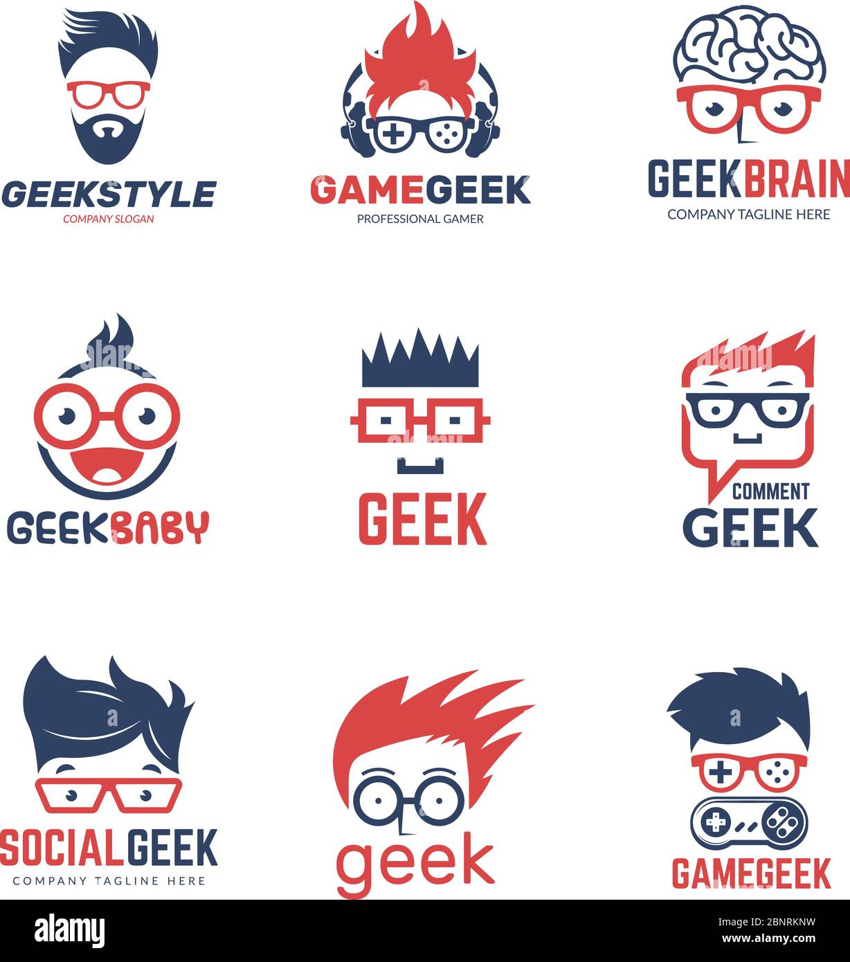 Logo Geek. Identità aziendale di programmatori intelligenti che pensano al modello di progettazione vettoriale di formazione informatica Illustrazione Vettoriale