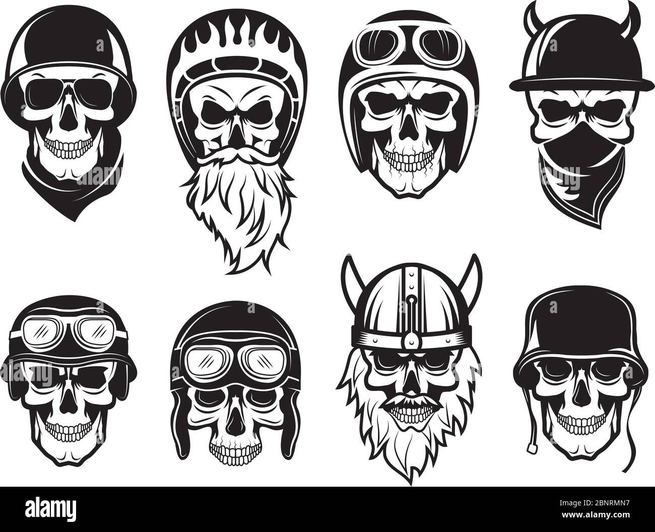 Casco cranio a bandana. Bikers rock simboli tatuaggio vettore immagini nere Illustrazione Vettoriale