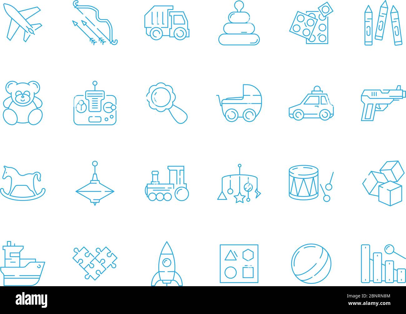 Icona Giochi per bambini. I giocattoli di gioco morbido portano i soldati del cavallo automobili di plastica vettori simboli di linea sottile Illustrazione Vettoriale