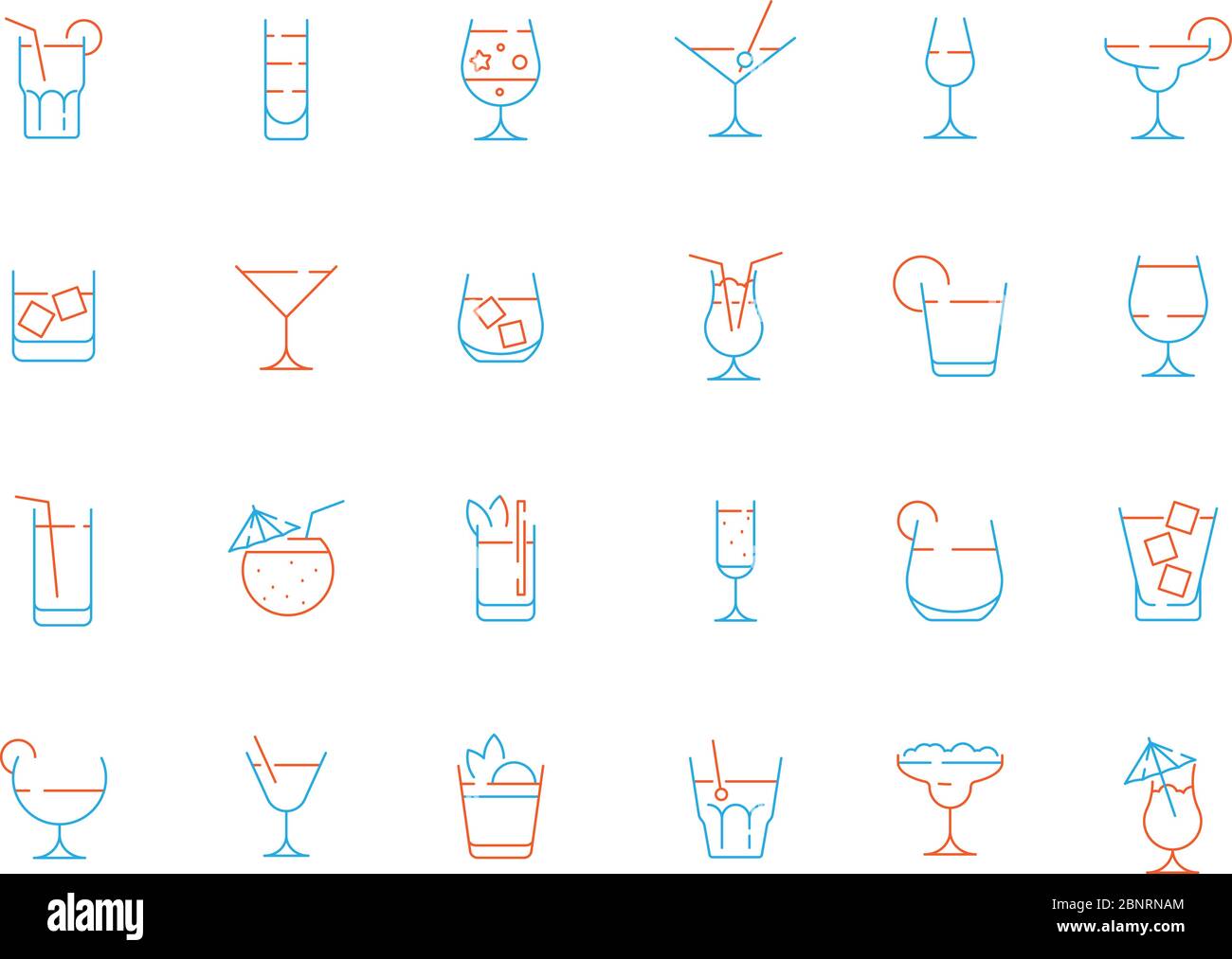 Icone di bicchiere di alcool. Martini scuotendo champagne margarita lime alcol bar colorati simboli vettoriali Illustrazione Vettoriale