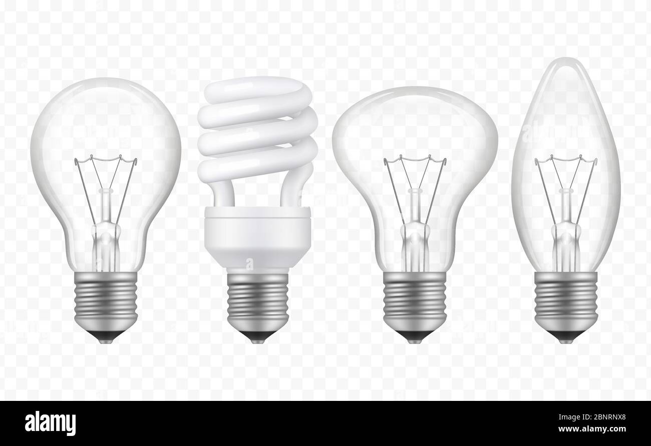 Lampadina di illuminazione. Lampada trasparente in vetro realistico di stili diversi business idee creative simboli collezione vettoriale Illustrazione Vettoriale
