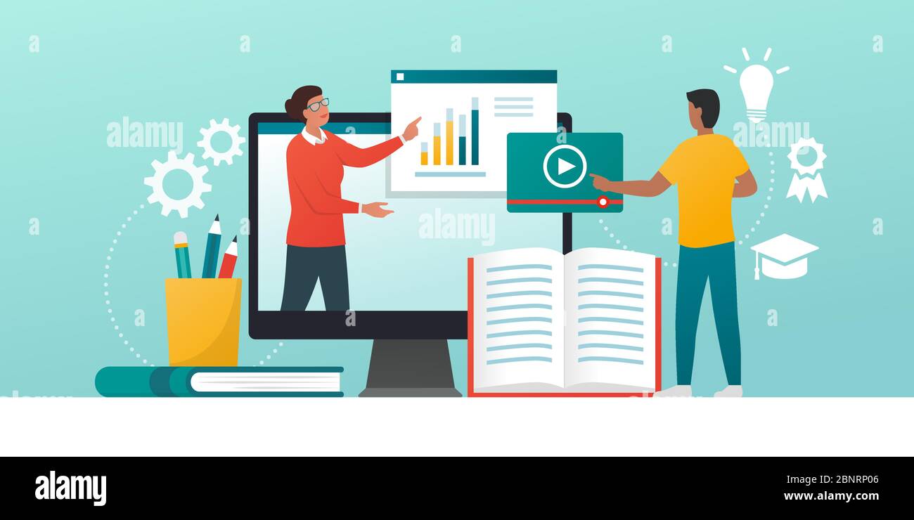 Piattaforma e-learning e formazione a distanza: Tutor professionale che aiuta uno studente universitario Illustrazione Vettoriale