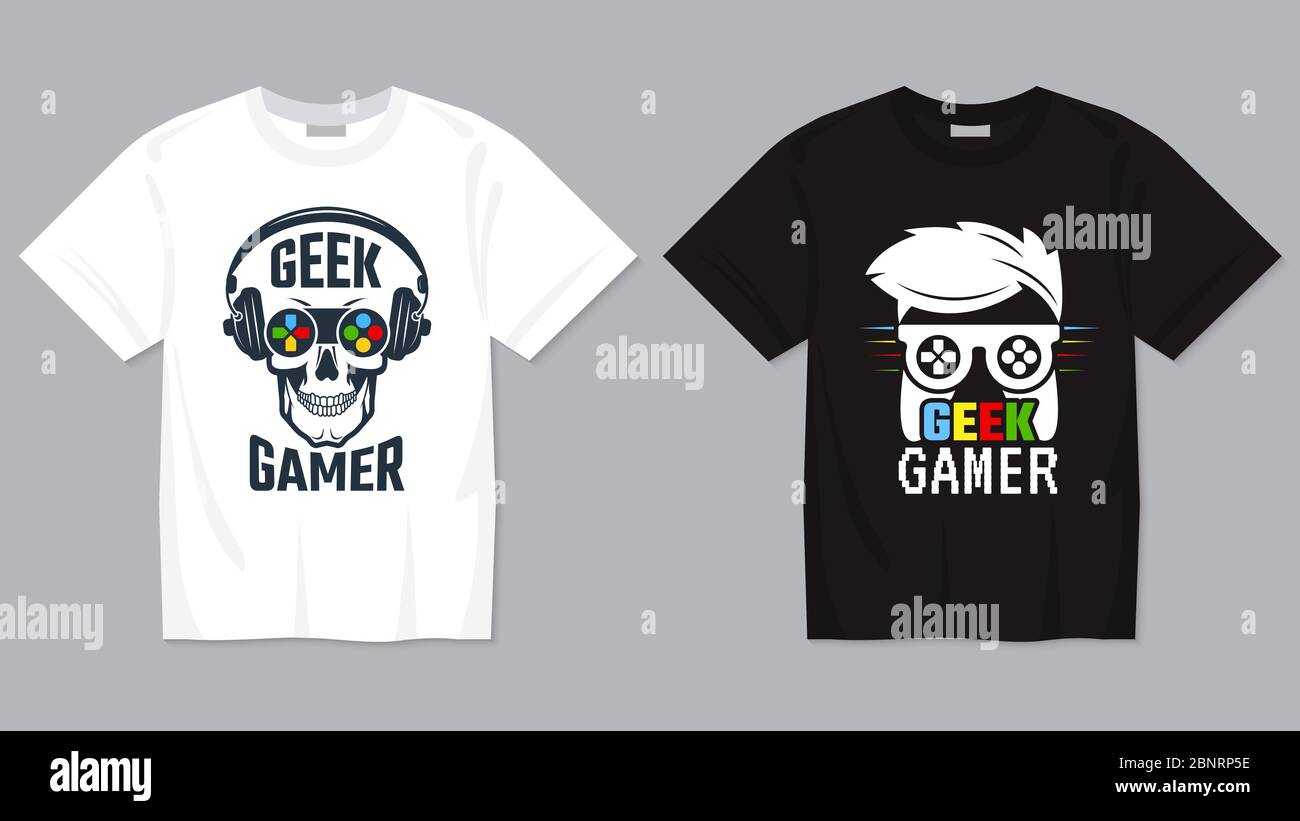 T-shirt da gioco. Sistema di gioco video digitale con controller joypad per geek modello di stampa vettoriale per tessuti Illustrazione Vettoriale