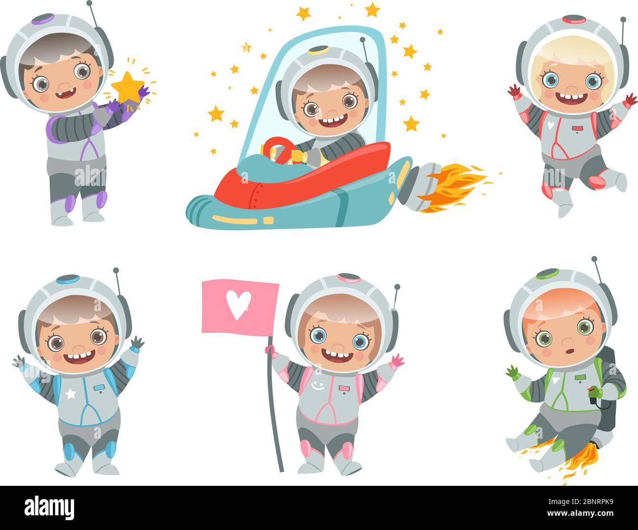 Astronauti per bambini. Bambini personaggi divertenti in tuta spaziale mascotte vettoriali Illustrazione Vettoriale