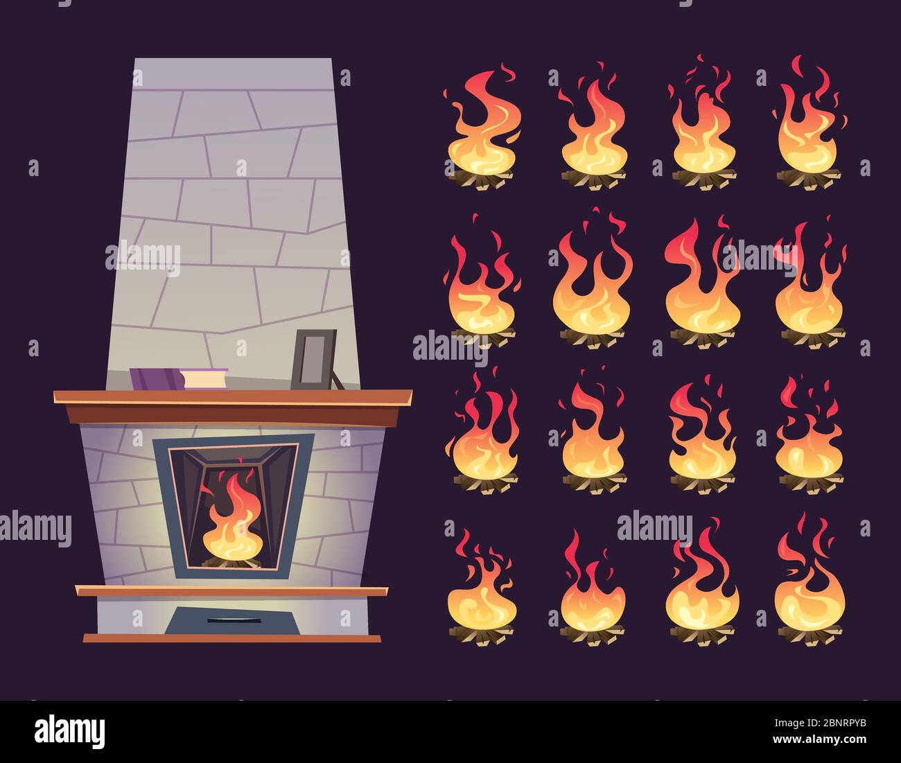 Caminetto interno. Animazione keyframe di fuoco bruciante luogo per relax vettore cartoni animati Illustrazione Vettoriale
