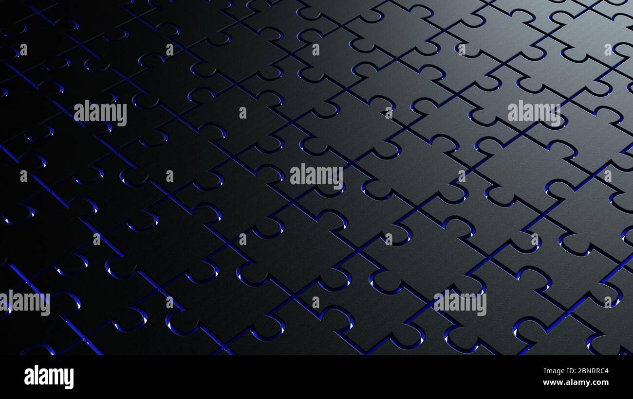 illustrazione 3d di puzzle nero scuro pezzi di sfondo texture con blu luce sotto Foto Stock