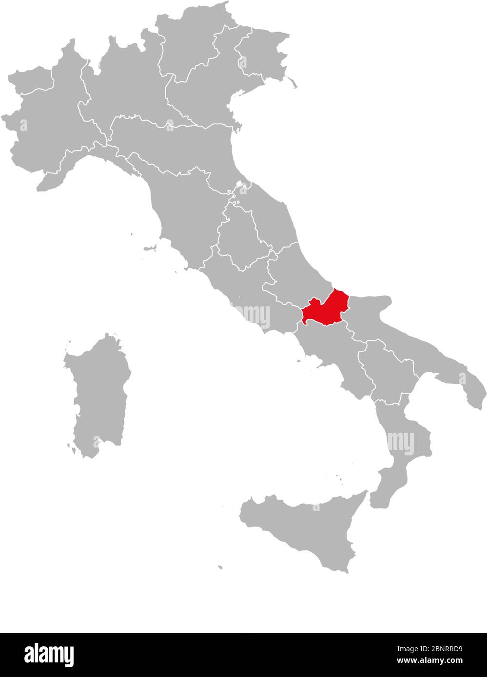 Regione Molise evidenziata in rosso sul vettore mappa Italia. Sfondo grigio. Illustrazione Vettoriale