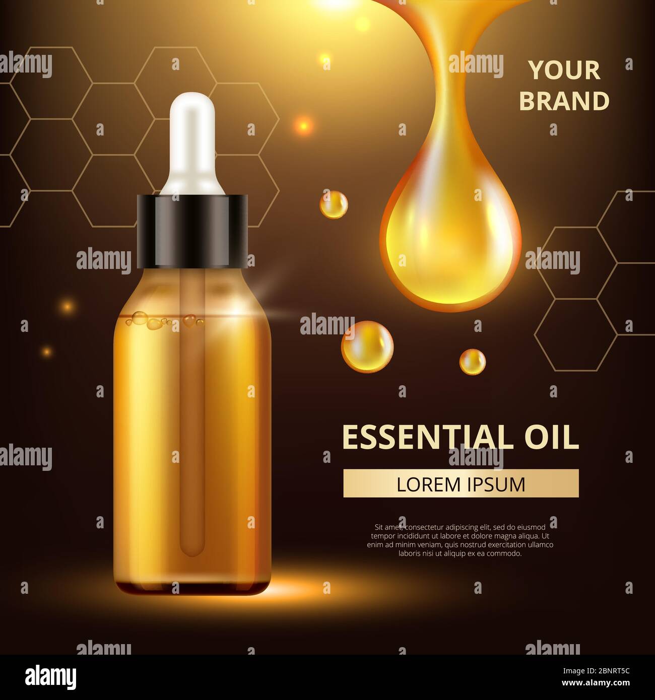 Poster dell'olio per cosmetici. Gocce dorate trasparenti di estratto di olio per crema di donna o maschera vettoriale q10 cosmetica liquida di collagene Illustrazione Vettoriale