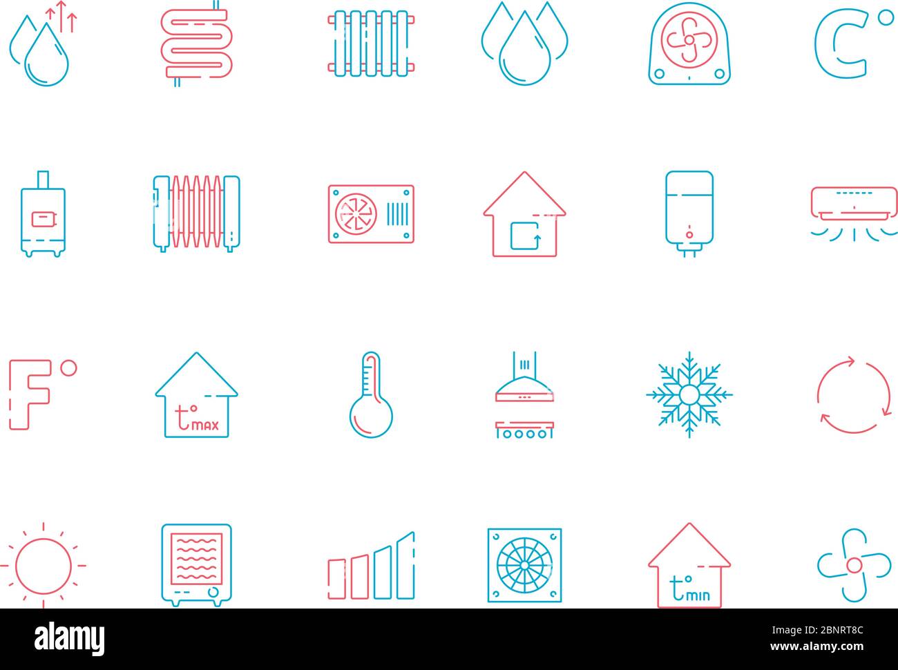 Icone di raffreddamento. Simboli di riscaldamento per la casa di condizionamento ventilazione vettore di servizio immagini sottili colorate Illustrazione Vettoriale