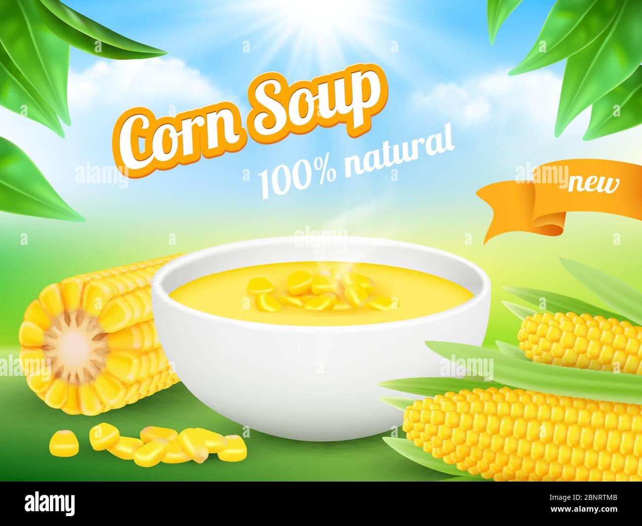 Zuppa di mais. Poster pubblicitario snack prodotto alimentare modello vettore di mais dolce Illustrazione Vettoriale