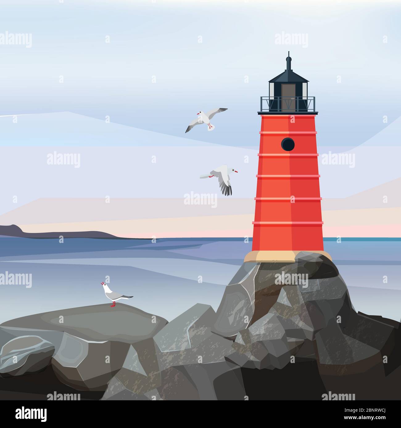 Faro di paesaggio marino. Oceano o mare con navigazione notturna costruzione di sicurezza su rocce vettore cartoon sfondo Illustrazione Vettoriale